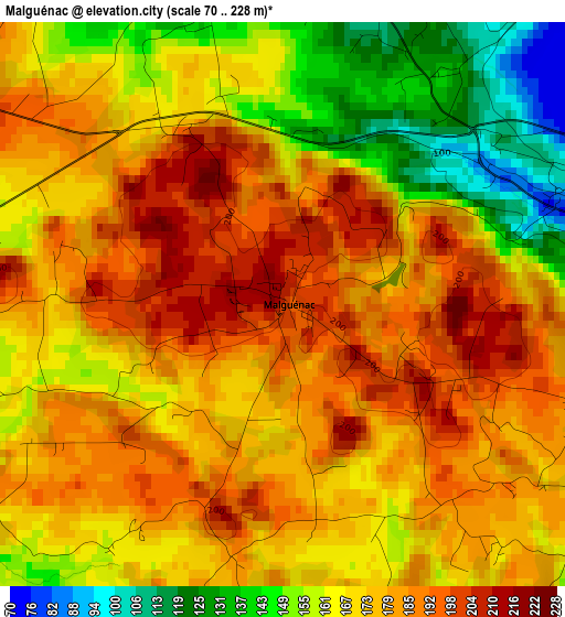 Malguénac elevation map