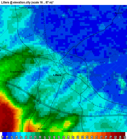 Lillers elevation map