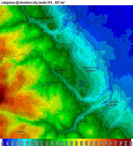 Lézigneux elevation map