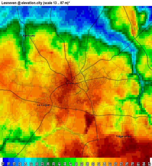 Lesneven elevation map