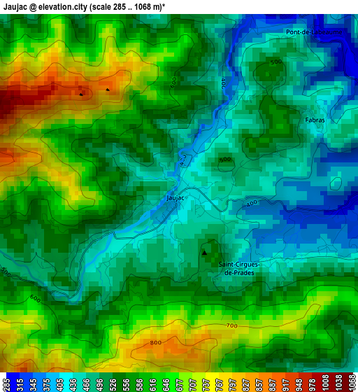 Jaujac elevation map