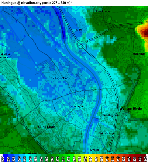 Huningue elevation map