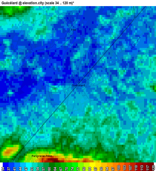 Guécélard elevation map