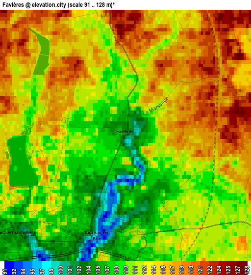 Favières elevation map