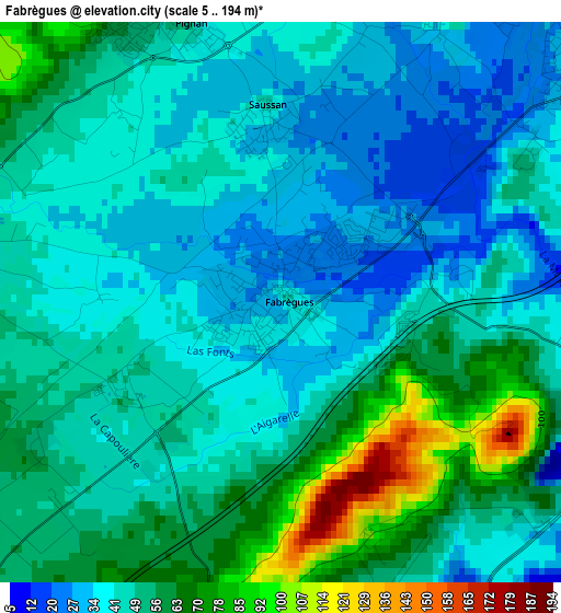 Fabrègues elevation map