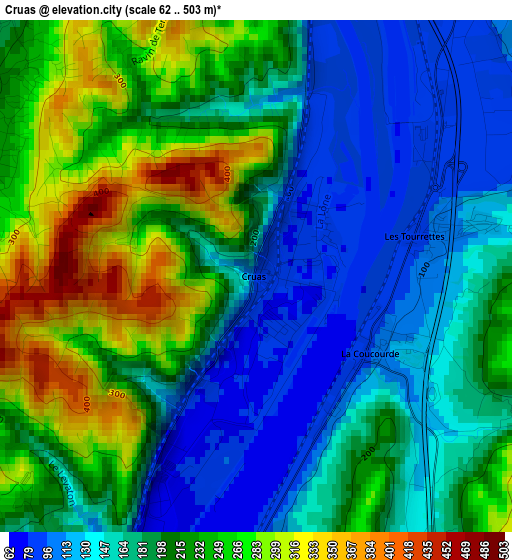 Cruas elevation map