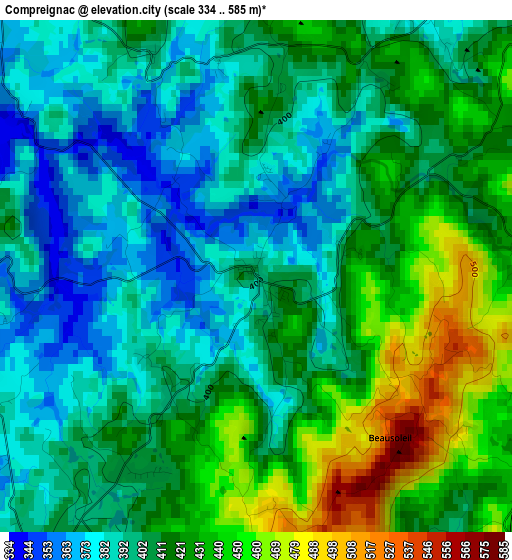 Compreignac elevation map