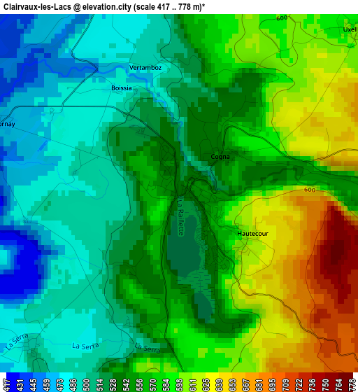 Clairvaux-les-Lacs elevation map