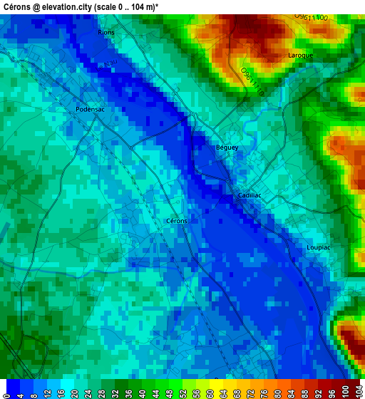 Cérons elevation map