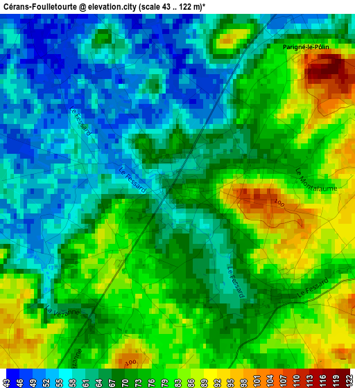 Cérans-Foulletourte elevation map