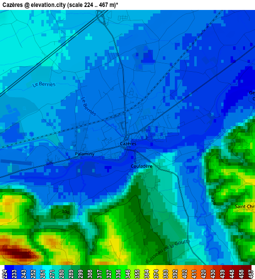 Cazères elevation map