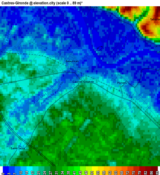 Castres-Gironde elevation map