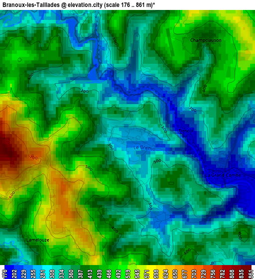 Branoux-les-Taillades elevation map