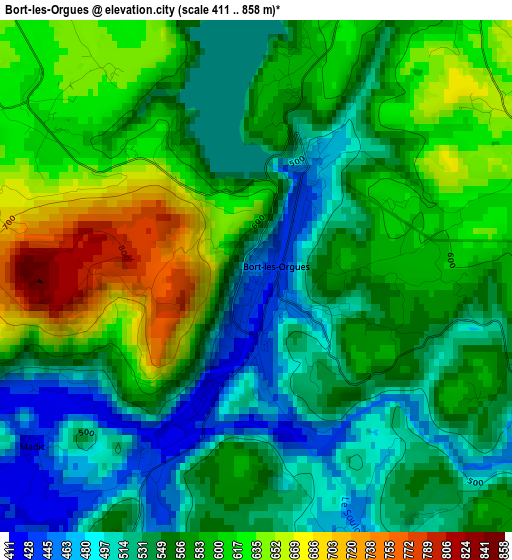 Bort-les-Orgues elevation map