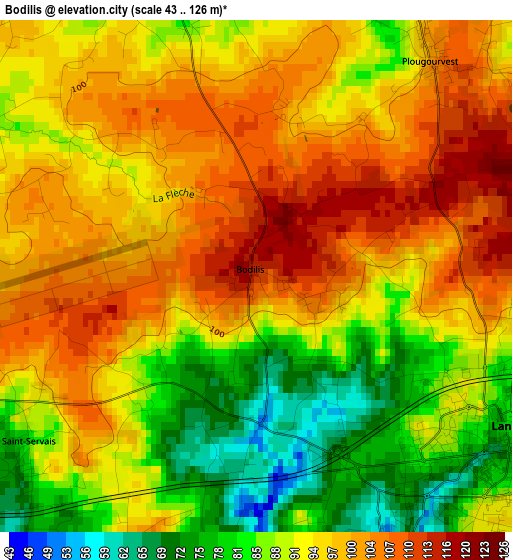 Bodilis elevation map