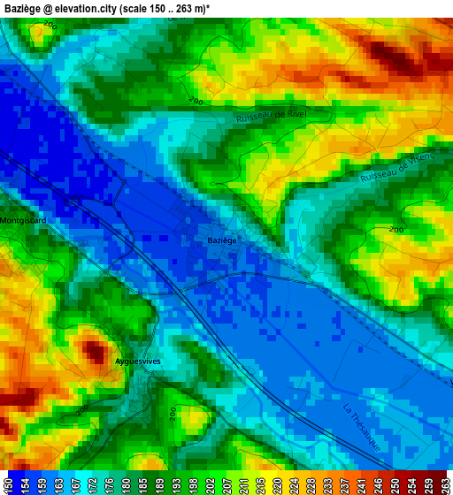 Baziège elevation map