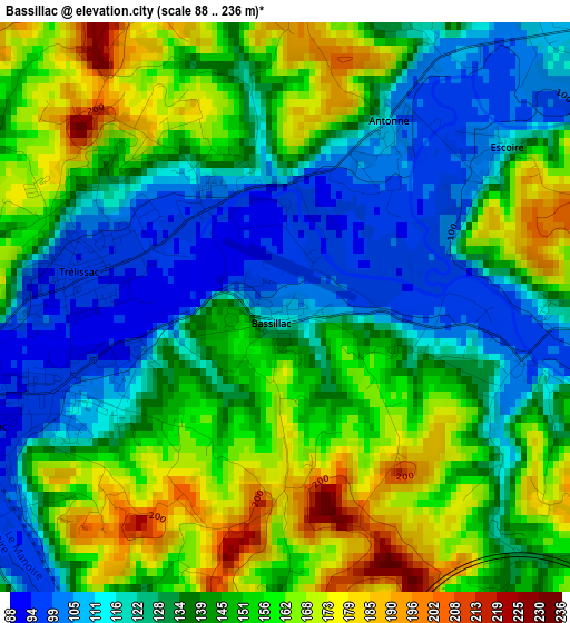 Bassillac elevation map