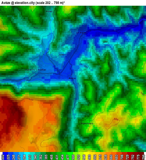 Avèze elevation map