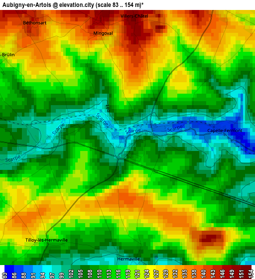 Aubigny-en-Artois elevation map