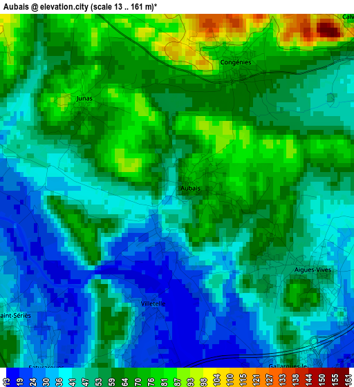 Aubais elevation map