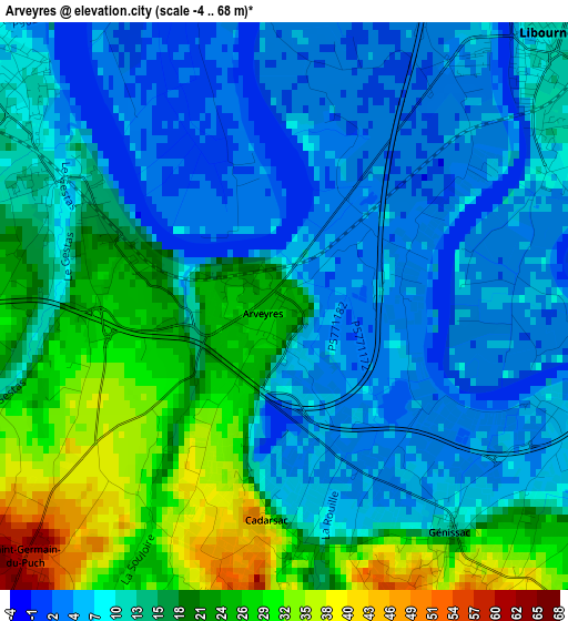 Arveyres elevation map