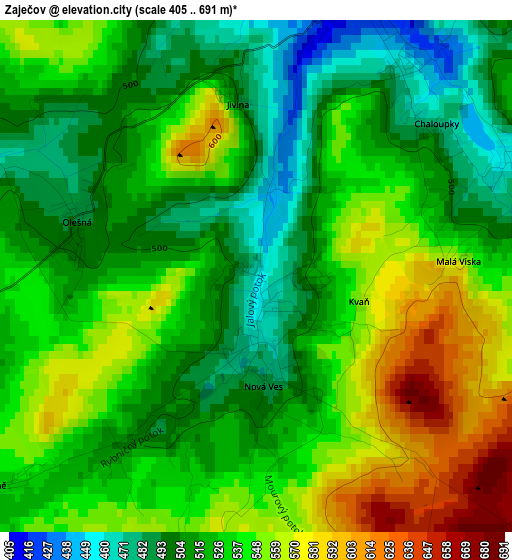 Zaječov elevation map