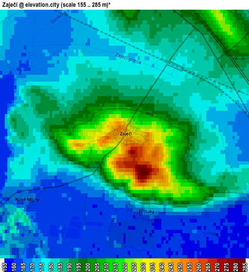 Zaječí elevation map