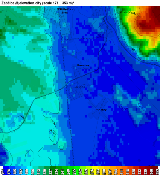 Žabčice elevation map