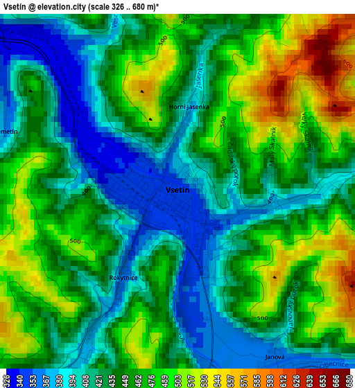 Vsetín elevation map
