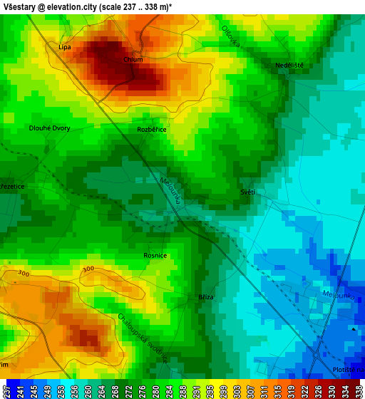 Všestary elevation map
