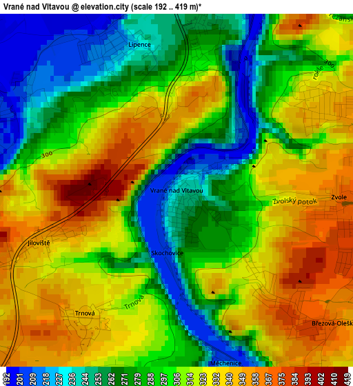 Vrané nad Vltavou elevation map