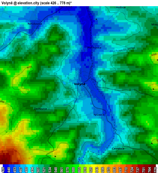 Volyně elevation map