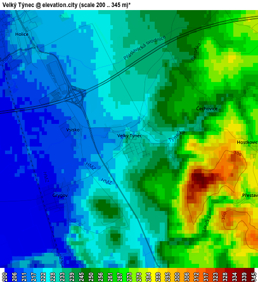 Velký Týnec elevation map