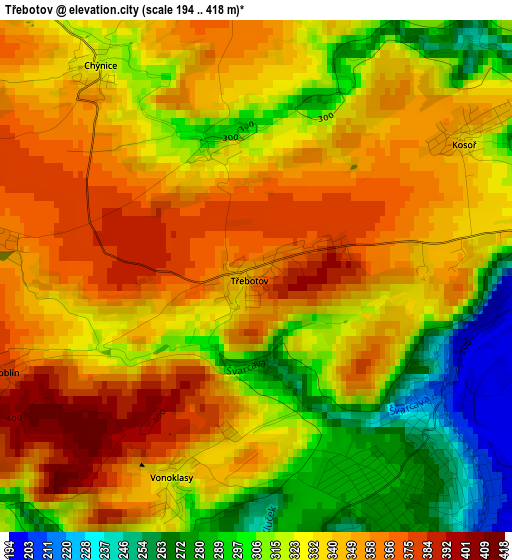 Třebotov elevation map