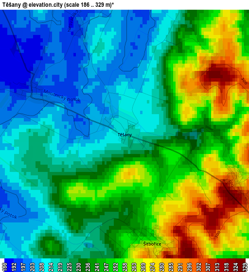 Těšany elevation map