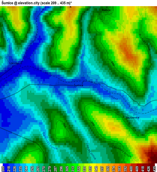 Šumice elevation map