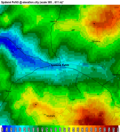 Spálené Poříčí elevation map