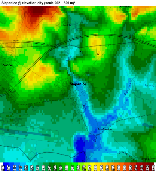 Šlapanice elevation map