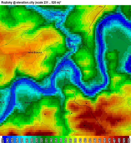Roztoky elevation map