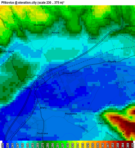 Příšovice elevation map