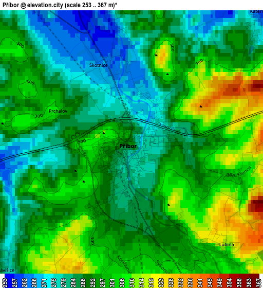 Příbor elevation map