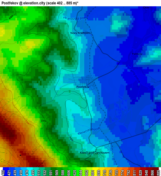 Postřekov elevation map