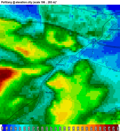 Poříčany elevation map