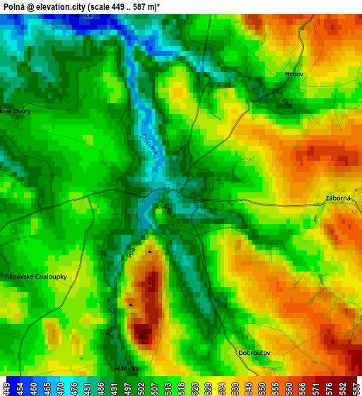 Polná elevation map