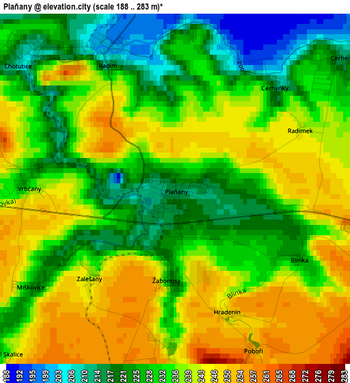 Plaňany elevation map