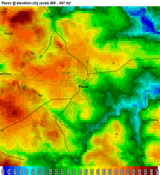 Pacov elevation map