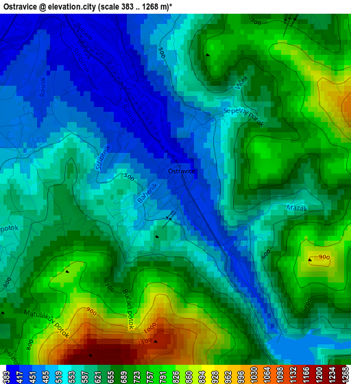 Ostravice elevation map