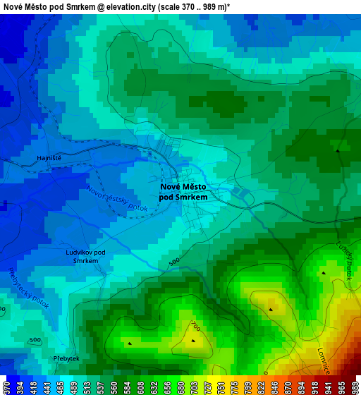 Nové Město pod Smrkem elevation map