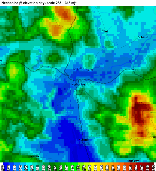 Nechanice elevation map