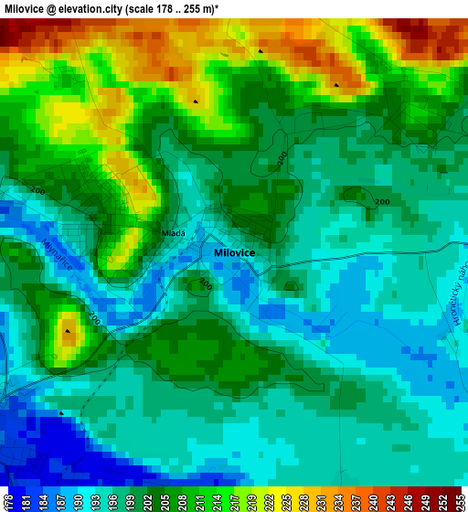 Milovice elevation map